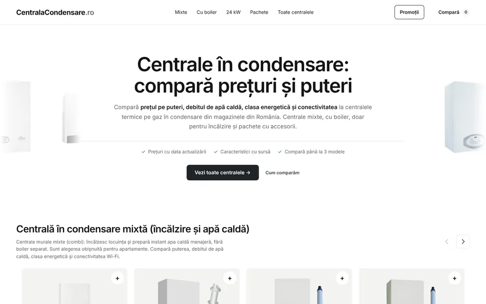 Pagina principală CentralaCondensare.ro: comparator de prețuri pentru centrale termice pe gaz în condensare, pe puteri